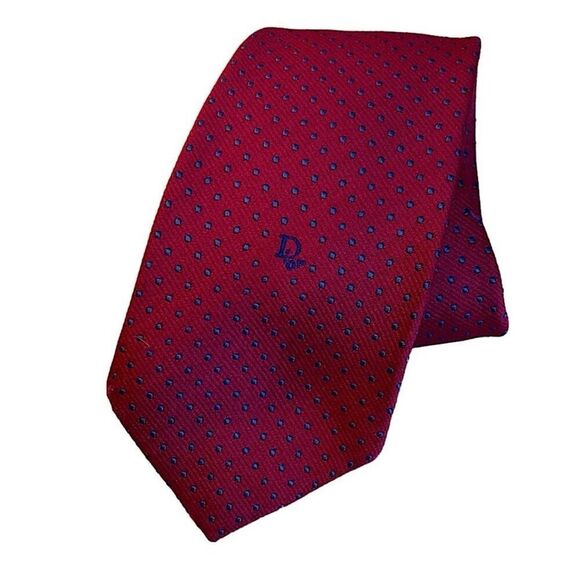 ✨Christian Dior Red w/ Blue Polka Dot Silk Tie✨ - Picture 2 of 11